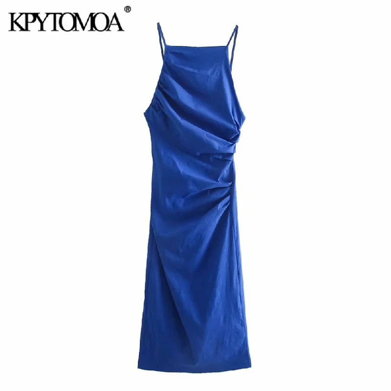 KPYTOMOA Women 2022 Chic Pleated Fitted Midi Shift Dress Vintage Backless Zipper Thin Straps Female Dresses Mujer Crew Neckline Sporty KPYTOMOA Women 2022 Chic Pleated Fitted Midi Shift Dress Vintage Backless Zipper Thin Straps Female Dresses Mujer Crew Neckline Sporty