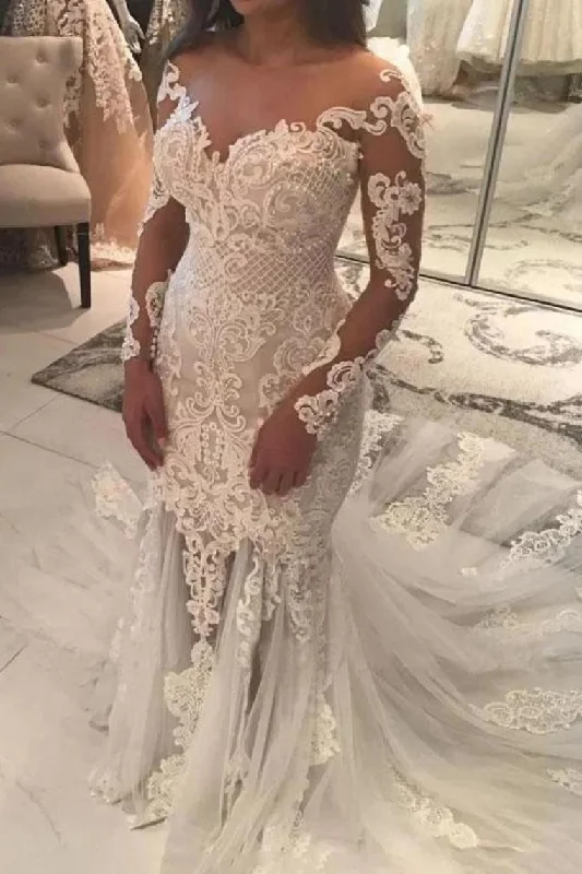 Long Sleeve Sparkly Mermaid V Neck Beads Wedding Dresses With Applique Tunics New arrival Long Sleeve Sparkly Mermaid V Neck Beads Wedding Dresses With Applique Tunics New arrival