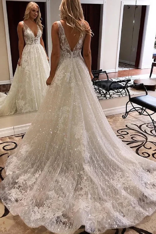 Luxurious Ball Gown V Neck Open Back Ivory Lace Wedding Dresses,Sequins Beach Bridal Dresses Tunics Essential wardrobe Luxurious Ball Gown V Neck Open Back Ivory Lace Wedding Dresses,Sequins Beach Bridal Dresses Tunics Essential wardrobe
