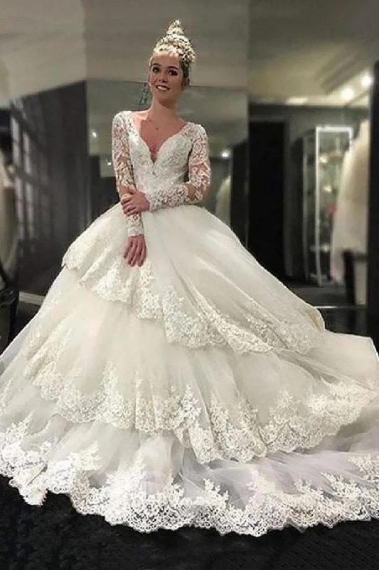 Luxurious Lace Long Sleeves V-Neck Layers Ball Gown Wedding Dresses Tunics Stylish elegant Luxurious Lace Long Sleeves V-Neck Layers Ball Gown Wedding Dresses Tunics Stylish elegant