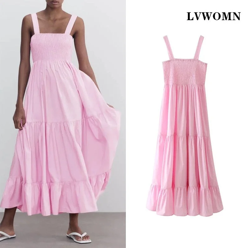 LVWOMN Za Dress 2022 Summer Elegant Ruched Sleeveless Beach Midi Backless Dress Woman Pink Loose Pleated Long Casual Dresses Tunics Favorite customer LVWOMN Za Dress 2022 Summer Elegant Ruched Sleeveless Beach Midi Backless Dress Woman Pink Loose Pleated Long Casual Dresses Tunics Favorite customer