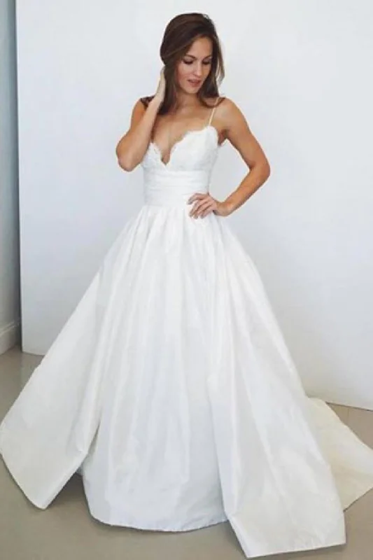 Modest Ivory Lace Satin Long Spaghetti Straps Simple Elegant Wedding Dresses Tunics Stylish elegant Modest Ivory Lace Satin Long Spaghetti Straps Simple Elegant Wedding Dresses Tunics Stylish elegant