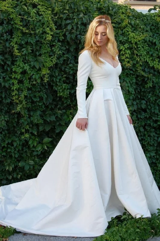 New Elegant Satin Wedding Dresses V Neck Long Sleeve Bridal Gowns Bridal Dresses Square Neckline Feminine New Elegant Satin Wedding Dresses V Neck Long Sleeve Bridal Gowns Bridal Dresses Square Neckline Feminine