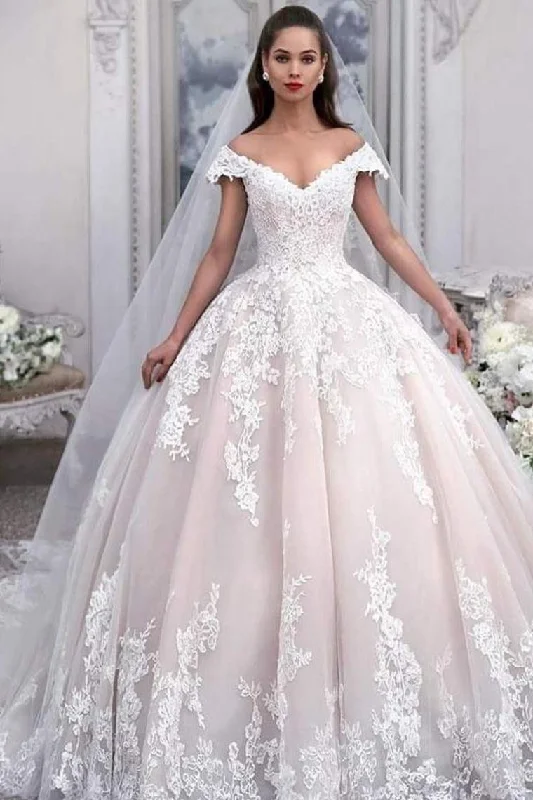 Off The Shoulder Ball Gown Tulle Wedding Dress With Appliques, Princess Bridal Dress Crew Neckline Casual Off The Shoulder Ball Gown Tulle Wedding Dress With Appliques, Princess Bridal Dress Crew Neckline Casual