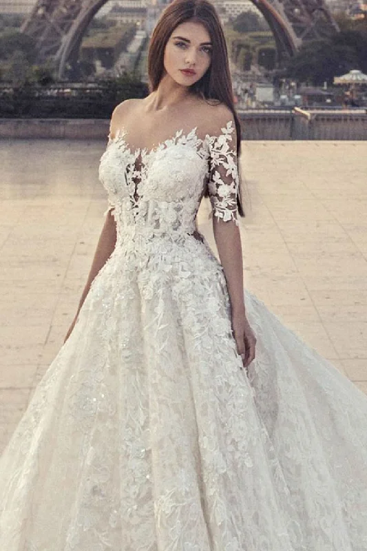 Pretty Half Sleeves Ivory Lace Ball Gown Wedding Dresses Modest Bridal Dresses Tunics Silk luxurious Pretty Half Sleeves Ivory Lace Ball Gown Wedding Dresses Modest Bridal Dresses Tunics Silk luxurious