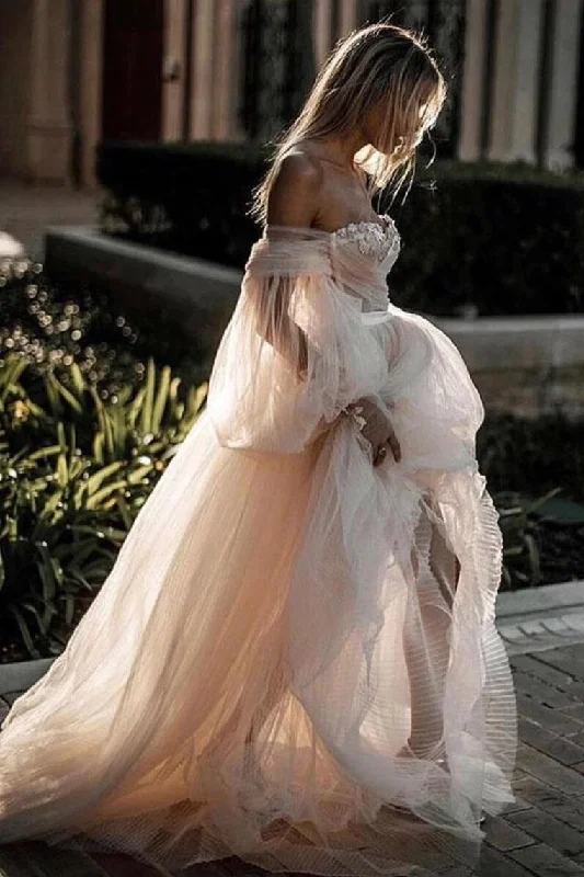 Princess Long Puff Sleeves Off The Shoulder Tulle Wedding Dresses, Beach Wedding Gowns Tunics Travel practical Princess Long Puff Sleeves Off The Shoulder Tulle Wedding Dresses, Beach Wedding Gowns Tunics Travel practical