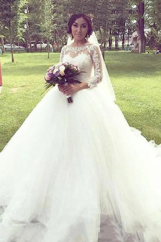 Princess Long Sleeves Bateau Ball Gown Tulle Wedding Dresses With Lace Appliques Tunics Business professional Princess Long Sleeves Bateau Ball Gown Tulle Wedding Dresses With Lace Appliques Tunics Business professional