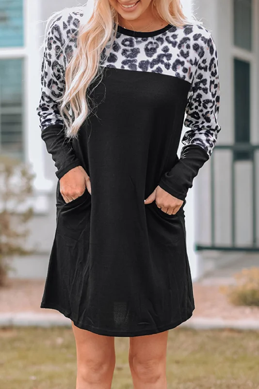 Print Splicing Long Sleeve Dress Tunics Summer linen