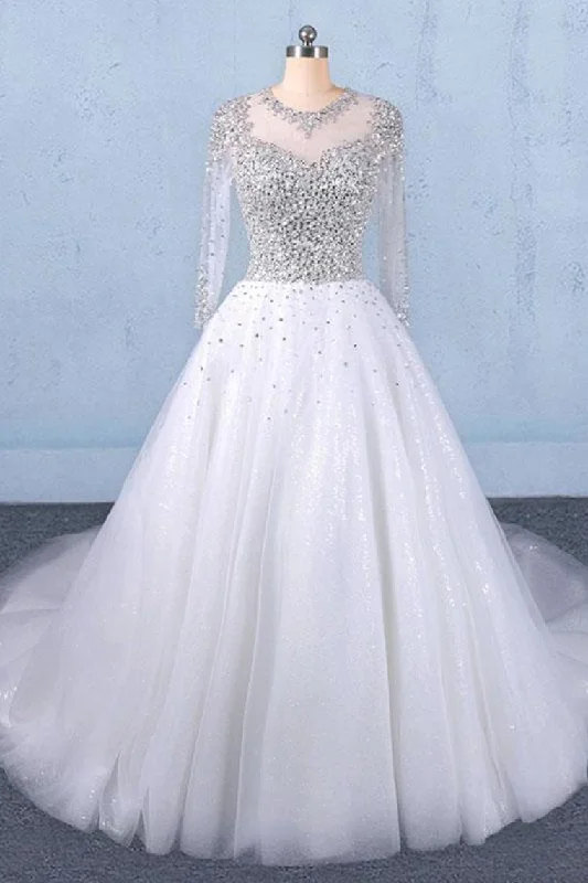 Puffy Long Sleeves Tulle White Wedding Dress, Shiny Long Bridal Dresses Tunics Evening elegant Puffy Long Sleeves Tulle White Wedding Dress, Shiny Long Bridal Dresses Tunics Evening elegant