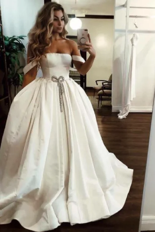 Puffy Off The Shoulder Satin Long Wedding Dresses With Pockets, Simple Bridal Dress Tunics Wedding white Puffy Off The Shoulder Satin Long Wedding Dresses With Pockets, Simple Bridal Dress Tunics Wedding white