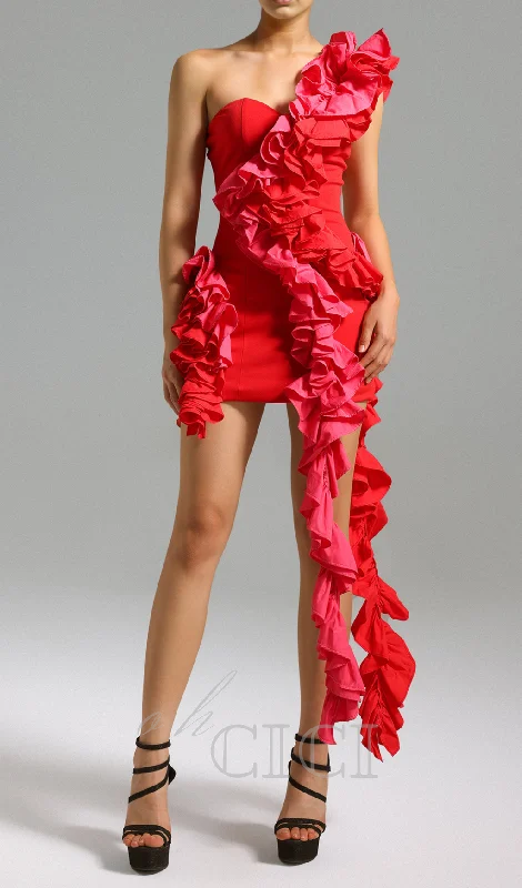 RUFFLES ONE SHOULDER STRIPS MINI DRESS IN RED Tunics Vintage classic