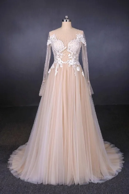 Sexy Sheer Neck Long Sleeves Tulle Wedding Dress, Charming Tulle Bridal Dress With Appliques Tunics Stylish elegant Sexy Sheer Neck Long Sleeves Tulle Wedding Dress, Charming Tulle Bridal Dress With Appliques Tunics Stylish elegant