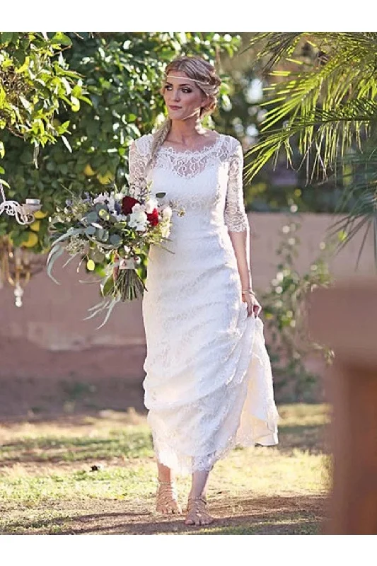 Sheath/Column Lace Bateau 1/2 Sleeves Sweep/Brush Train Wedding Dresses Tunics Practical easy-care Sheath/Column Lace Bateau 1/2 Sleeves Sweep/Brush Train Wedding Dresses Tunics Practical easy-care