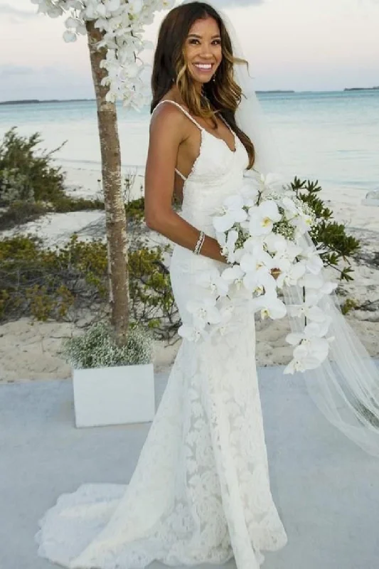 Sheath Mermaid Long Spaghetti Straps Lace Simple Beach Wedding Dresses Tunics Stylish modern Sheath Mermaid Long Spaghetti Straps Lace Simple Beach Wedding Dresses Tunics Stylish modern