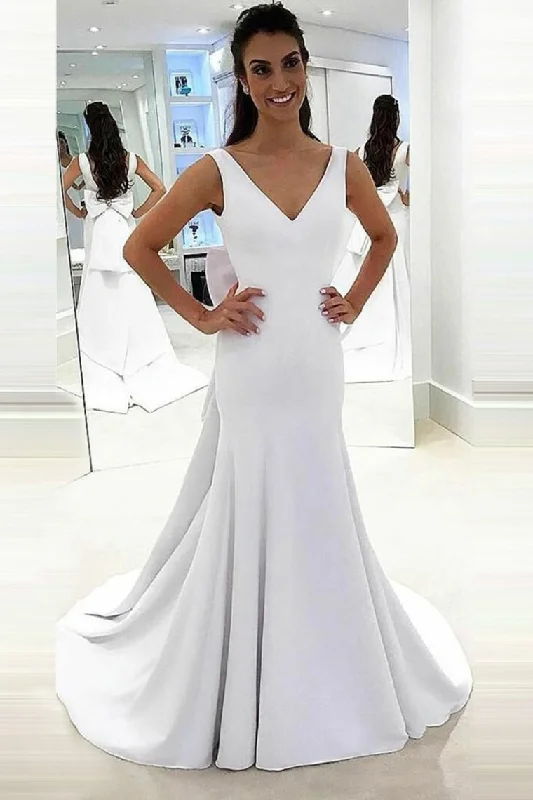 Simple Open Back V-Neck Long White Wedding Dresses Bridal Dresses Floral Print girly Simple Open Back V-Neck Long White Wedding Dresses Bridal Dresses Floral Print girly