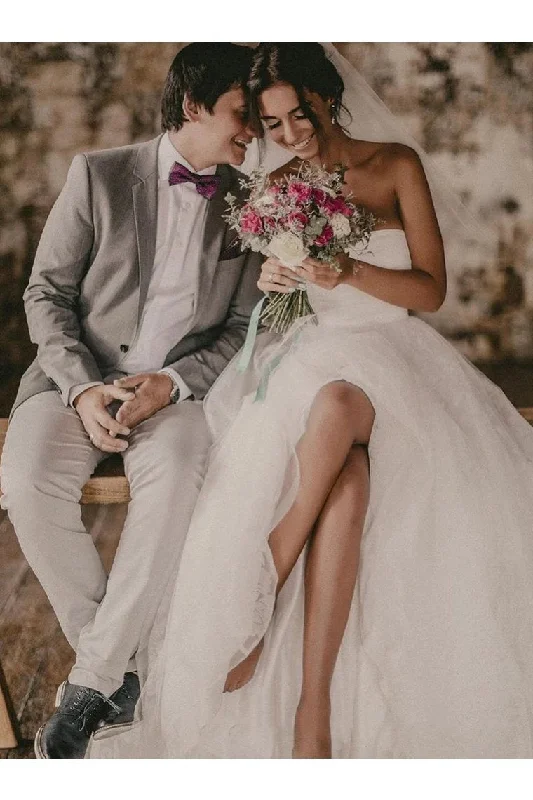 Simple Strapless Tulle Lace Wedding Dress Beach Bridal Gown With Slit A-Line Day Work Simple Strapless Tulle Lace Wedding Dress Beach Bridal Gown With Slit A-Line Day Work