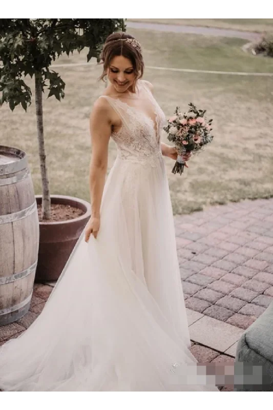 Soft Net Beaded Deep V Illusion A-Line Wedding Gown Graceful Lace Wedding Dress sweetheart Neckline Romantic Soft Net Beaded Deep V Illusion A-Line Wedding Gown Graceful Lace Wedding Dress sweetheart Neckline Romantic