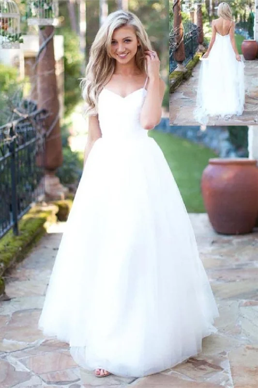 Spaghetti Straps Long Simple Elegant White Open Back Wedding Dresses Tunics Floral girly Spaghetti Straps Long Simple Elegant White Open Back Wedding Dresses Tunics Floral girly