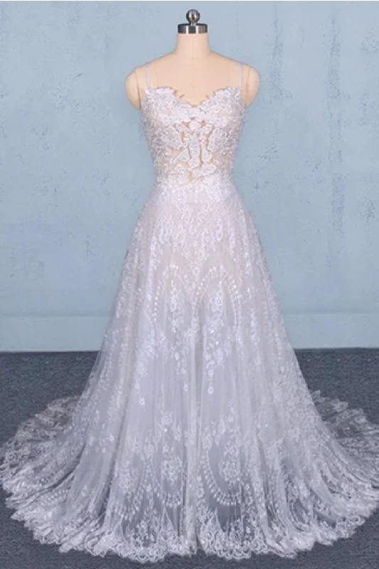 Spaghetti Straps Sweetheart Lace Wedding Dresses, Lace Bridal Dresses With Long Train Tunics Mesh breathable Spaghetti Straps Sweetheart Lace Wedding Dresses, Lace Bridal Dresses With Long Train Tunics Mesh breathable