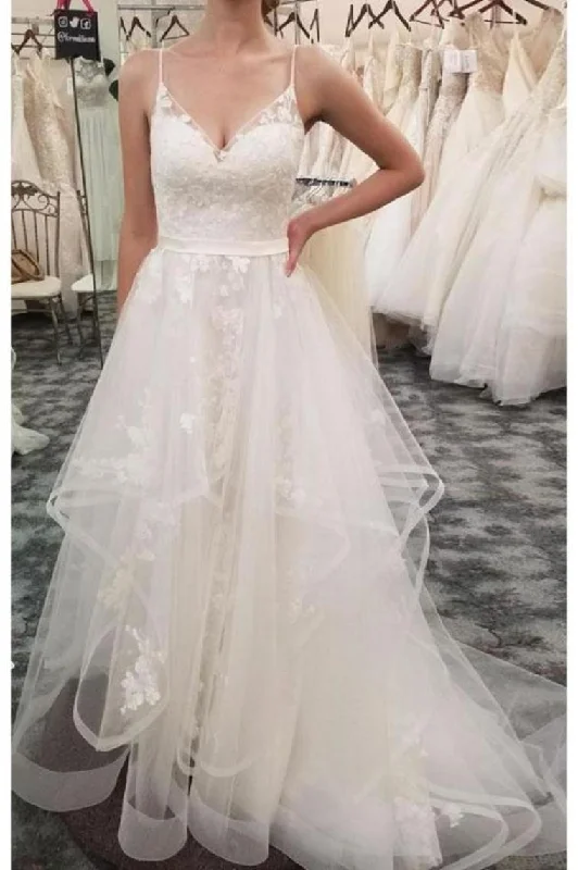 Spaghetti Straps Tulle Beach Wedding Dress With Lace Appliques, Long Bridal Dresses Tunics Satin smooth Spaghetti Straps Tulle Beach Wedding Dress With Lace Appliques, Long Bridal Dresses Tunics Satin smooth