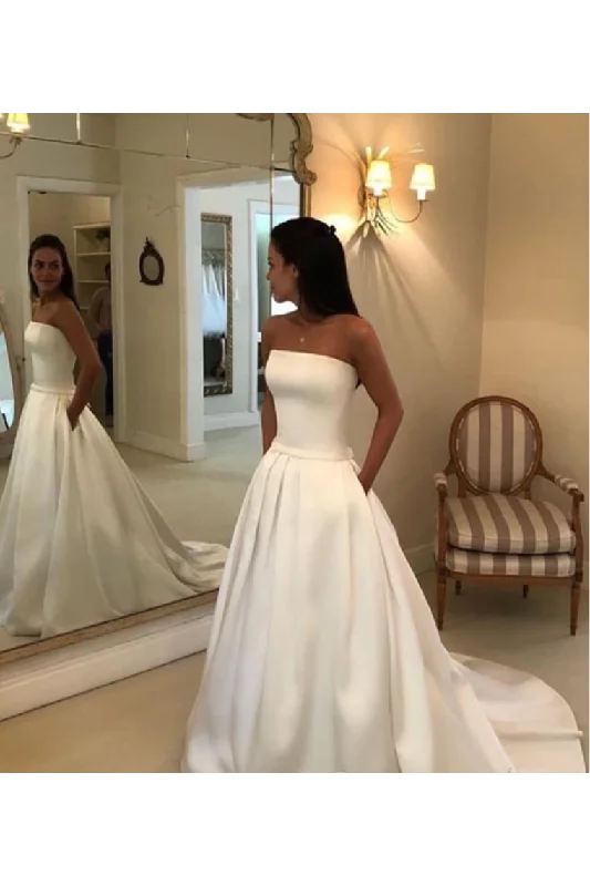 Strapless Simple Ivory Satin A Line Pleated Wedding Dresses With Court Train Bridal Dresses Tunics Wedding white Strapless Simple Ivory Satin A Line Pleated Wedding Dresses With Court Train Bridal Dresses Tunics Wedding white