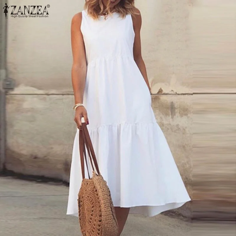 Summer Dress ZANZEA Women O Neck Sleeveless Solid Ruffles Sundress Holiday Midi Vestidos Female Sarafans Tanks Dresses Tunics Silk luxurious Summer Dress ZANZEA Women O Neck Sleeveless Solid Ruffles Sundress Holiday Midi Vestidos Female Sarafans Tanks Dresses Tunics Silk luxurious