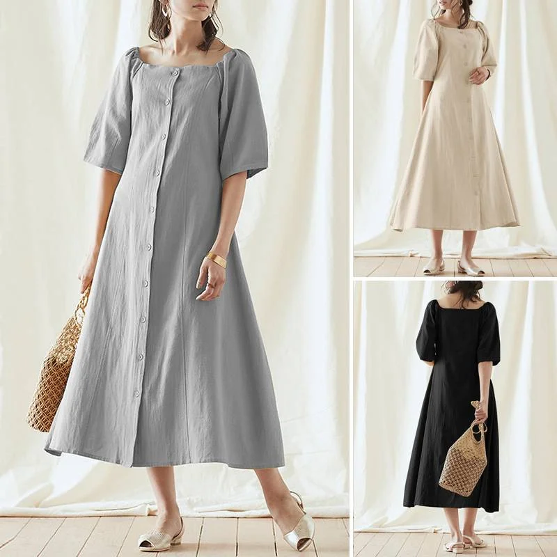 Summer Holiday Elegant Sundress ZANZEA Women Square Neck Buttons Robe Puff Sleeve Solid Vestidos Casual Midi Femme Boat Neckline Classic Summer Holiday Elegant Sundress ZANZEA Women Square Neck Buttons Robe Puff Sleeve Solid Vestidos Casual Midi Femme Boat Neckline Classic