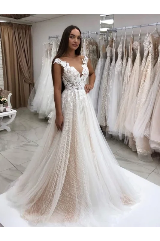 Timeless Lace Sparkly Sequins Tulle A-Line Wedding Dress With Appliques Wedding Gown Tunics Custom made Timeless Lace Sparkly Sequins Tulle A-Line Wedding Dress With Appliques Wedding Gown Tunics Custom made