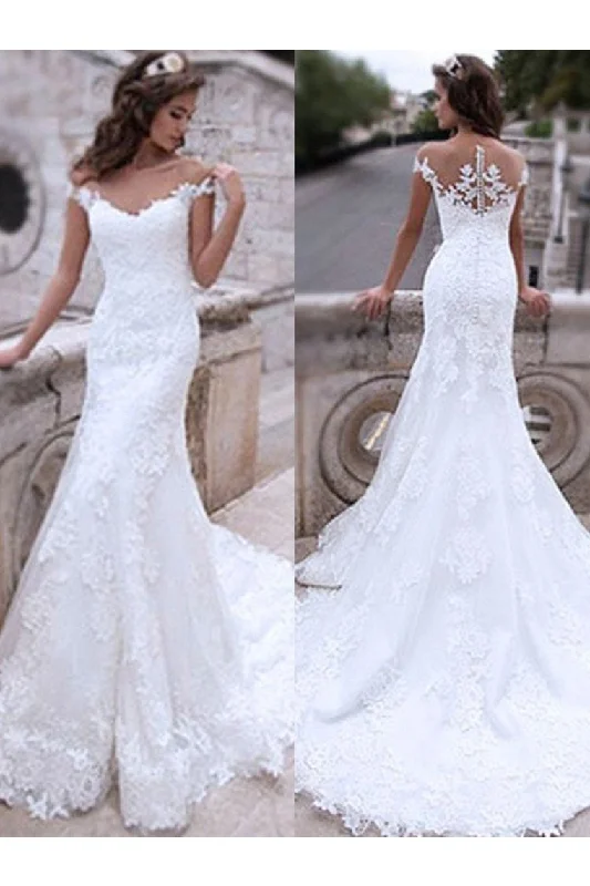 Trumpet/Mermaid Tulle Applique Off-The-Shoulder Sleeveless Sweep/Brush Train Wedding Dresses Tunics Exclusive limited Trumpet/Mermaid Tulle Applique Off-The-Shoulder Sleeveless Sweep/Brush Train Wedding Dresses Tunics Exclusive limited