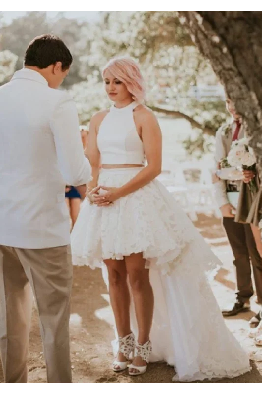 Two Pieces High Low Short Bridal Dresses Ivory Lace Asymmetrical Train Wedding Dress Tunics Timeless classic Two Pieces High Low Short Bridal Dresses Ivory Lace Asymmetrical Train Wedding Dress Tunics Timeless classic