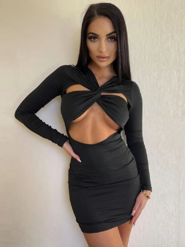 Zjkrl - Autumn Hollow Out Mini Dress For Women Fashion Robe Black Long Sleeve Bodycon Ruched Short Dress Vestido Tunics Party sparkling Zjkrl - Autumn Hollow Out Mini Dress For Women Fashion Robe Black Long Sleeve Bodycon Ruched Short Dress Vestido Tunics Party sparkling