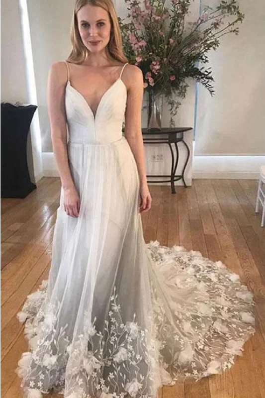 Unique Spaghetti Strap Long Cheap Tulle Prom/Wedding Dresses With Applique Tunics Sophisticated sleek Unique Spaghetti Strap Long Cheap Tulle Prom/Wedding Dresses With Applique Tunics Sophisticated sleek