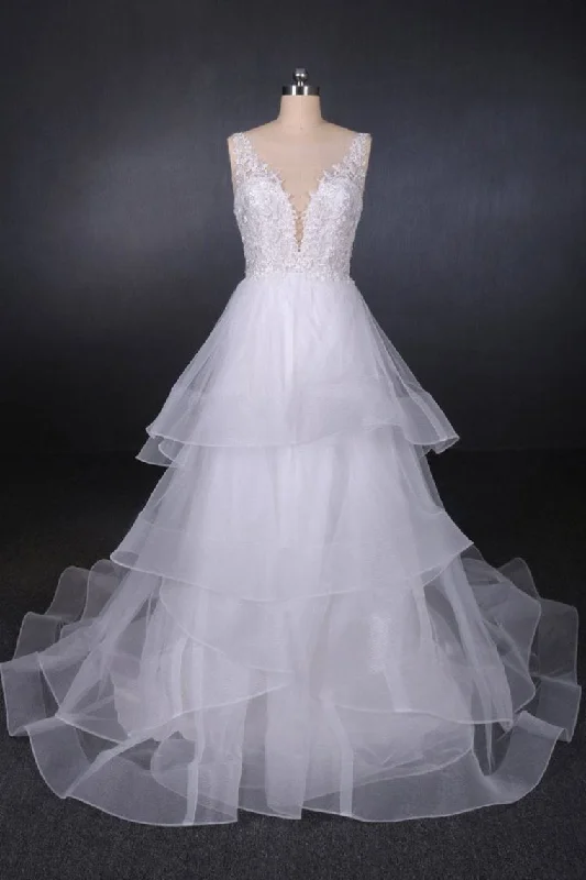 Unique V Neck Sleeveless Tulle Wedding Dresses, Asymmetrical Long Bridal Dresses Tunics Cozy comfortable Unique V Neck Sleeveless Tulle Wedding Dresses, Asymmetrical Long Bridal Dresses Tunics Cozy comfortable