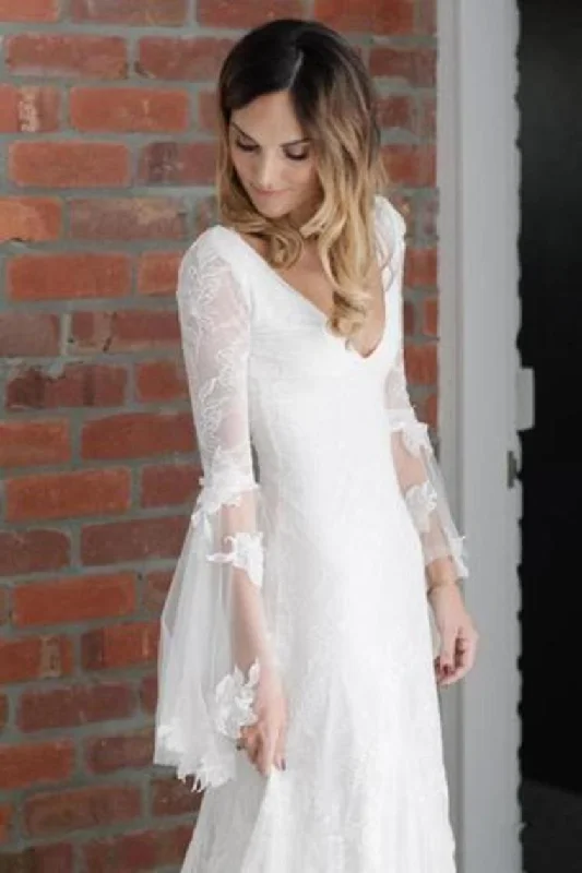 V Neck Beach Wedding Dress With Long Sleeves Unique Lace Wedding Dresses Tunics Sophisticated sleek V Neck Beach Wedding Dress With Long Sleeves Unique Lace Wedding Dresses Tunics Sophisticated sleek