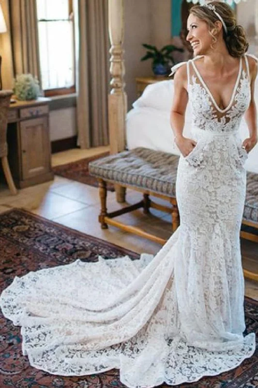 V-Neck Ivory Lace Long Mermaid Elegant Wedding Dresses Wedding Gowns Tunics Versatile all-occasion V-Neck Ivory Lace Long Mermaid Elegant Wedding Dresses Wedding Gowns Tunics Versatile all-occasion