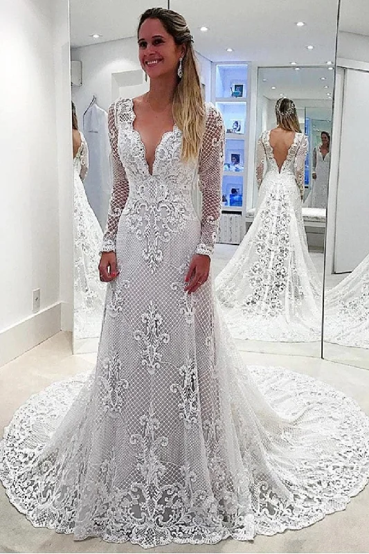 V-Neck Long Sleeves Mermaid Open Back Sheath Lace Modest Wedding Dresses Tunics Stylish elegant V-Neck Long Sleeves Mermaid Open Back Sheath Lace Modest Wedding Dresses Tunics Stylish elegant