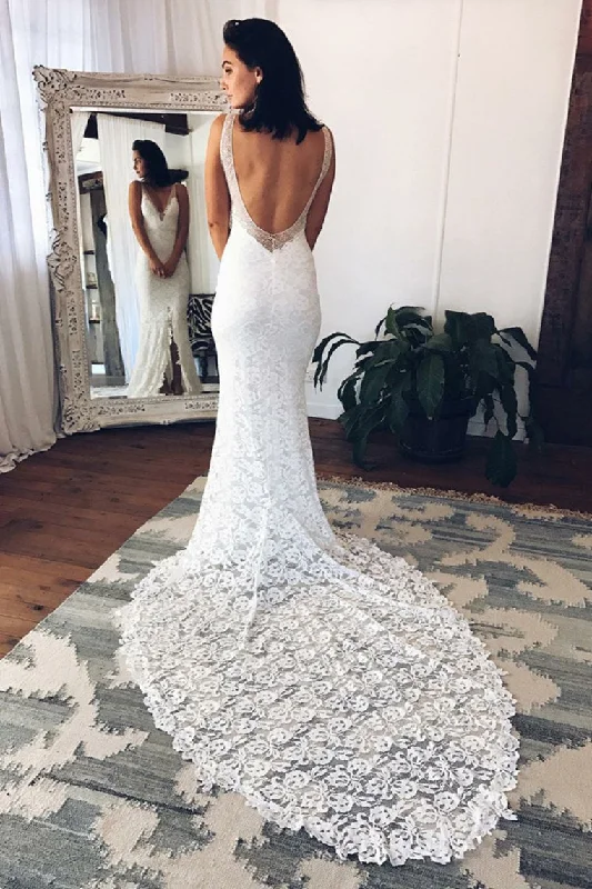 V-Neck Open Back Sheath Ivory Lace Long Wedding Dresses Bridal Gowns Tunics Sophisticated sleek V-Neck Open Back Sheath Ivory Lace Long Wedding Dresses Bridal Gowns Tunics Sophisticated sleek