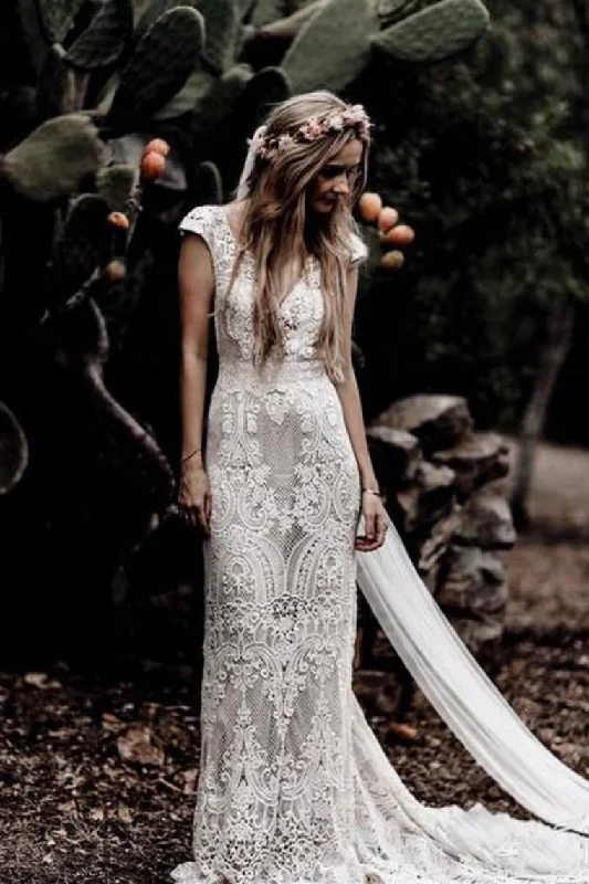 Vintage Lace V Neck Sheath Cap Sleeve Wedding Dress Casual Short Summer