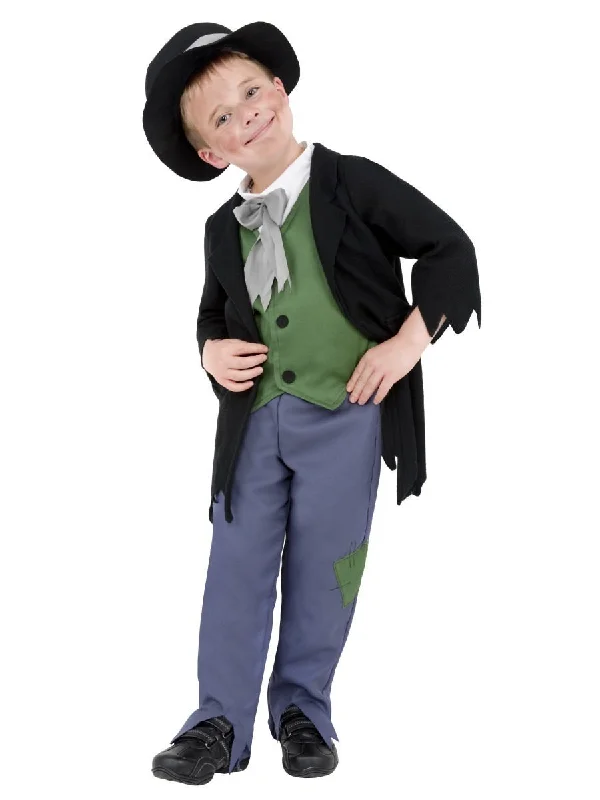 Artful Dodger Victorian Boy Costume, Black Green Top Blue Trousers Black Hat Trousers Leather Faux