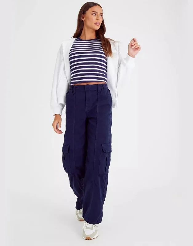 High Rise Wide Leg Cargo Denim Trouser Navy Blue Trousers Pleated Formal