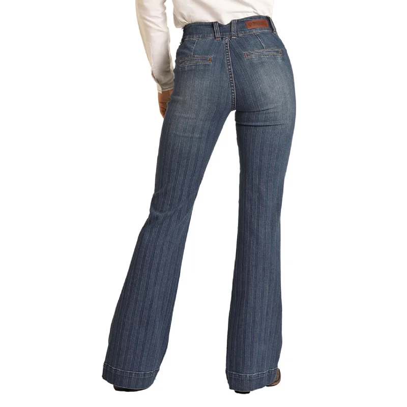 Rock & Roll Cowgirl High Rise Dark Wash Trousers Trousers Striped Patterned