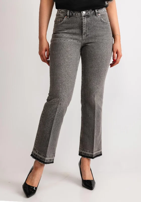 OUI Stud Waist Straight Crop Trousers, Grey Trousers Versatile Stylish