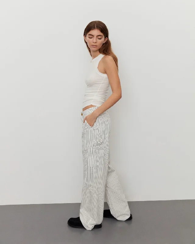 GITTESW TROUSERS - Off White Striped Trousers High Rise Slim Fit