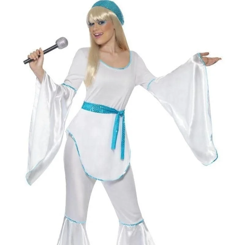 70s Super Trooper Costume Adult White Blue Top Trousers Hat Belt Trousers sophisticated sleek