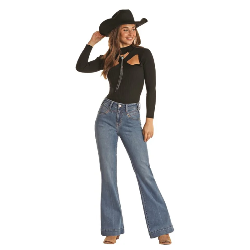 Rock & Roll Women's Vintage Blue Highrise Trouser Wide Leg Loose Fit Mid Waist