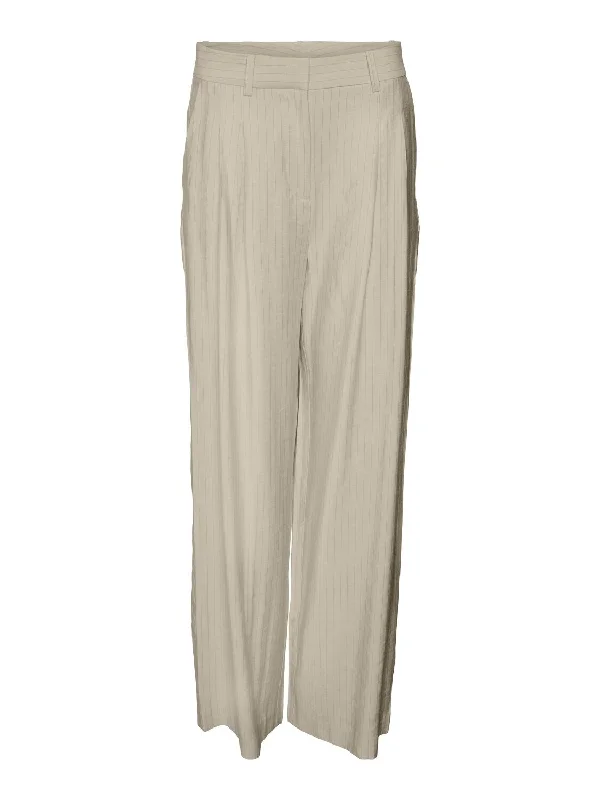 Vero Moda Aware Kendal Pinstripe Wide Leg Trousers, Oatmeal Trousers Yoga Stretchy