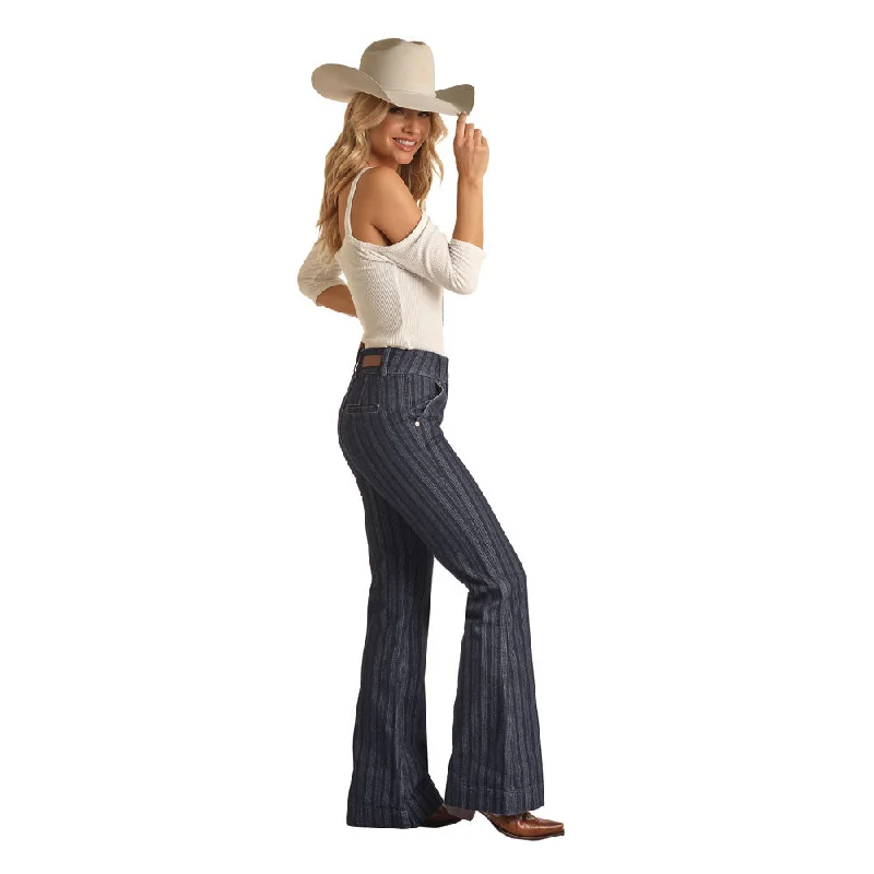 Women's Rock & Roll High Rise Stripe Jacquard Trouser Jean Trousers Floral Bohemian