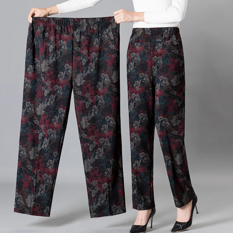 Middle-aged Women Trousers Print Elastic High Waist Casual Pants Trousers Brand Named