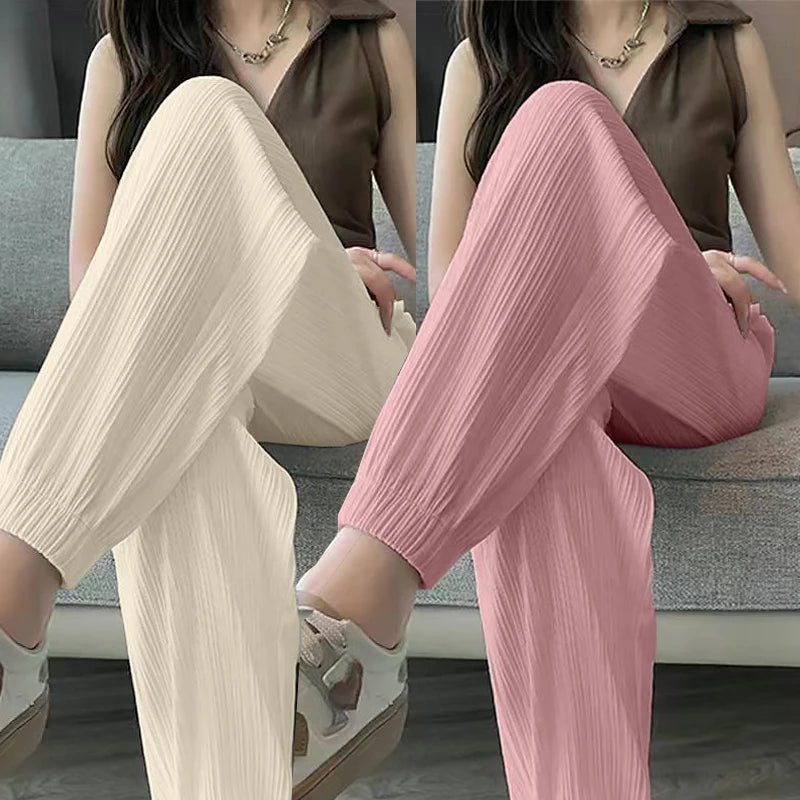 Ice Silk Casual Wide Leg Harem Pants Trousers Solid Elastic Waist Women Clothing Trousers Tapered Slim Fit