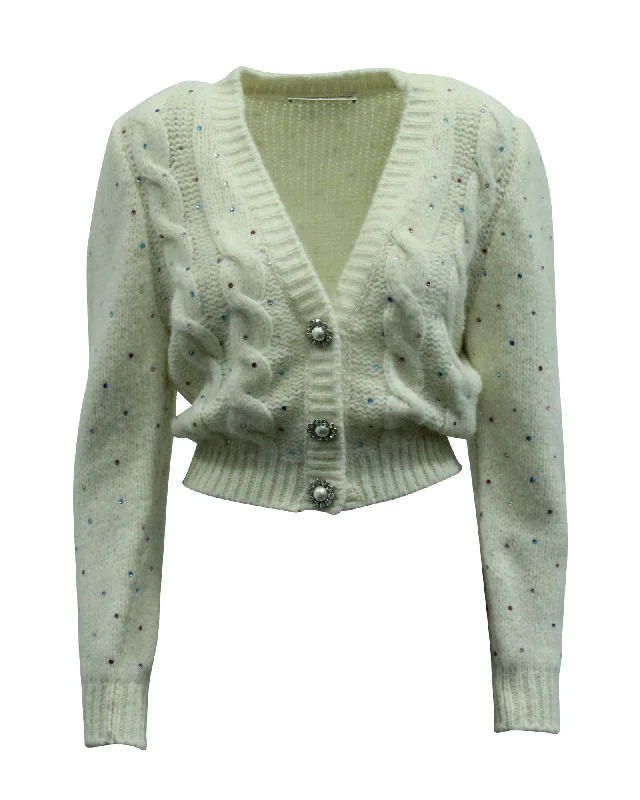 Alessandra Rich Crystal Embellished Cardigan in White Wool Toggled Drawstring Belted Alessandra Rich Crystal Embellished Cardigan in White Wool Toggled Drawstring Belted